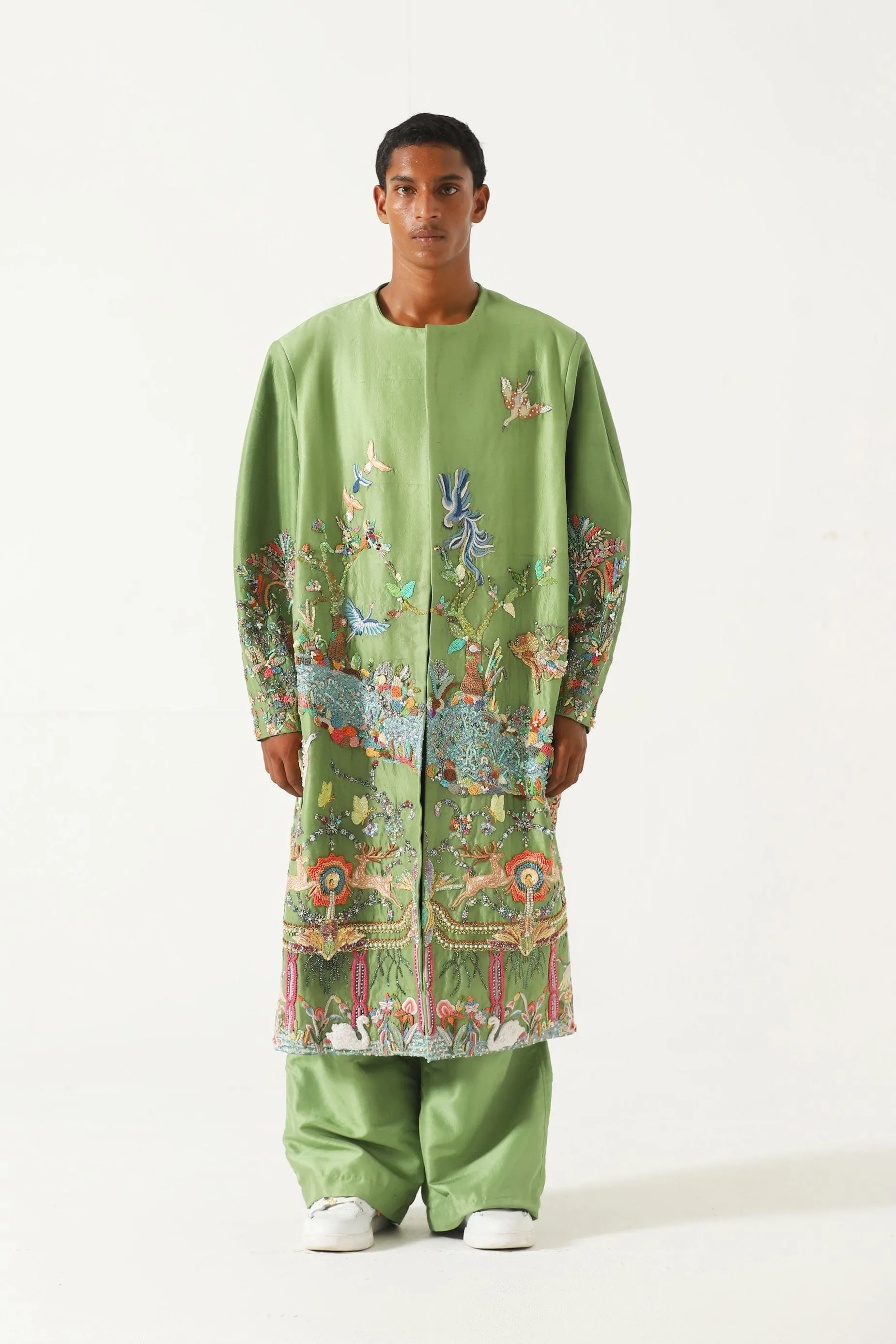 HAND EMBROIDERED EMERALD SILK LONG COAT
