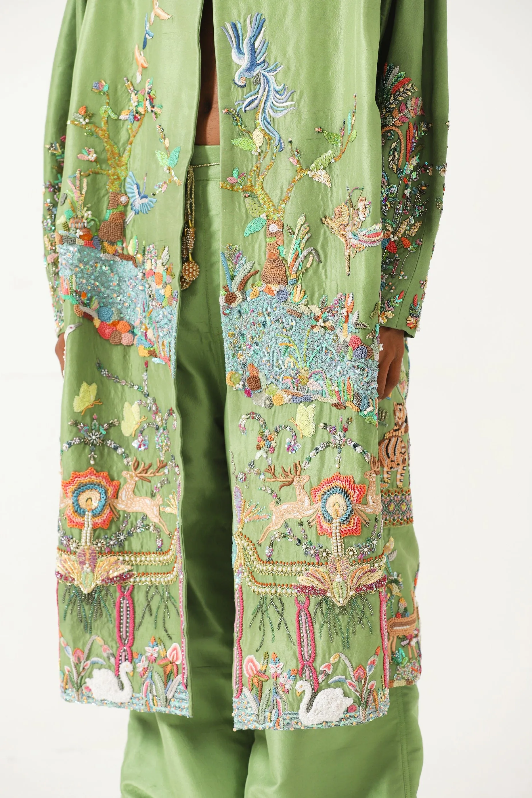 HAND EMBROIDERED EMERALD SILK LONG COAT