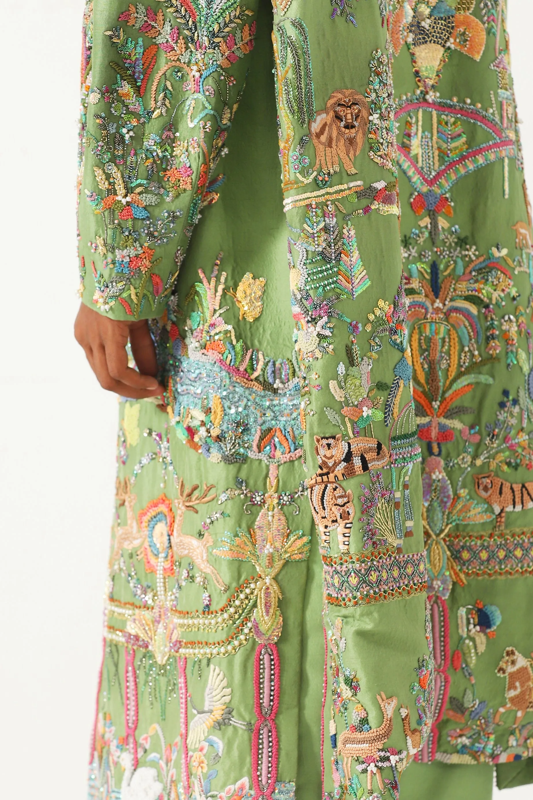 HAND EMBROIDERED EMERALD SILK LONG COAT