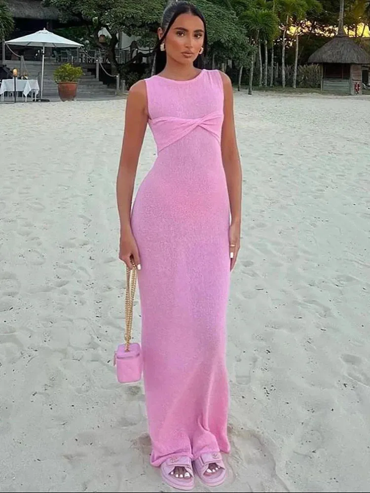 JULISSA MO Knitted See Through Ruched Women Maxi Dress Sleeveless Round Neck Dress Female Summer Skinny Elegant Party Beachwear