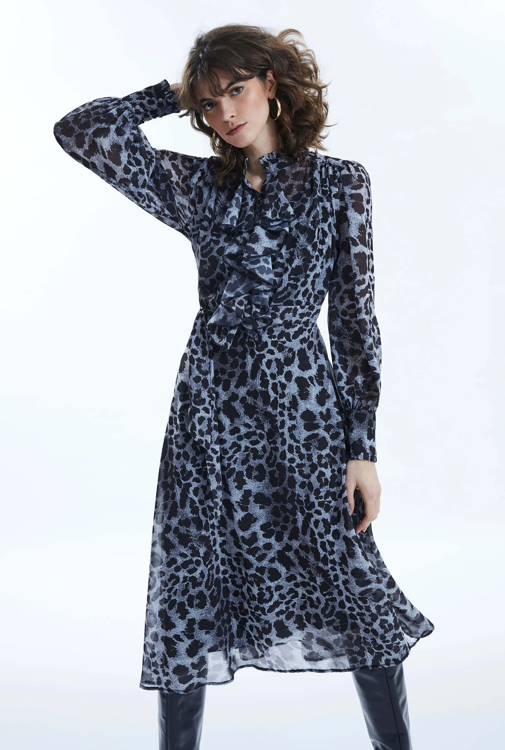 Leopard Print Midi Ruffle Dress