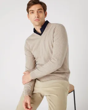 Men's Burlington V Neck Cashmere Jumper Oatmeal Brown