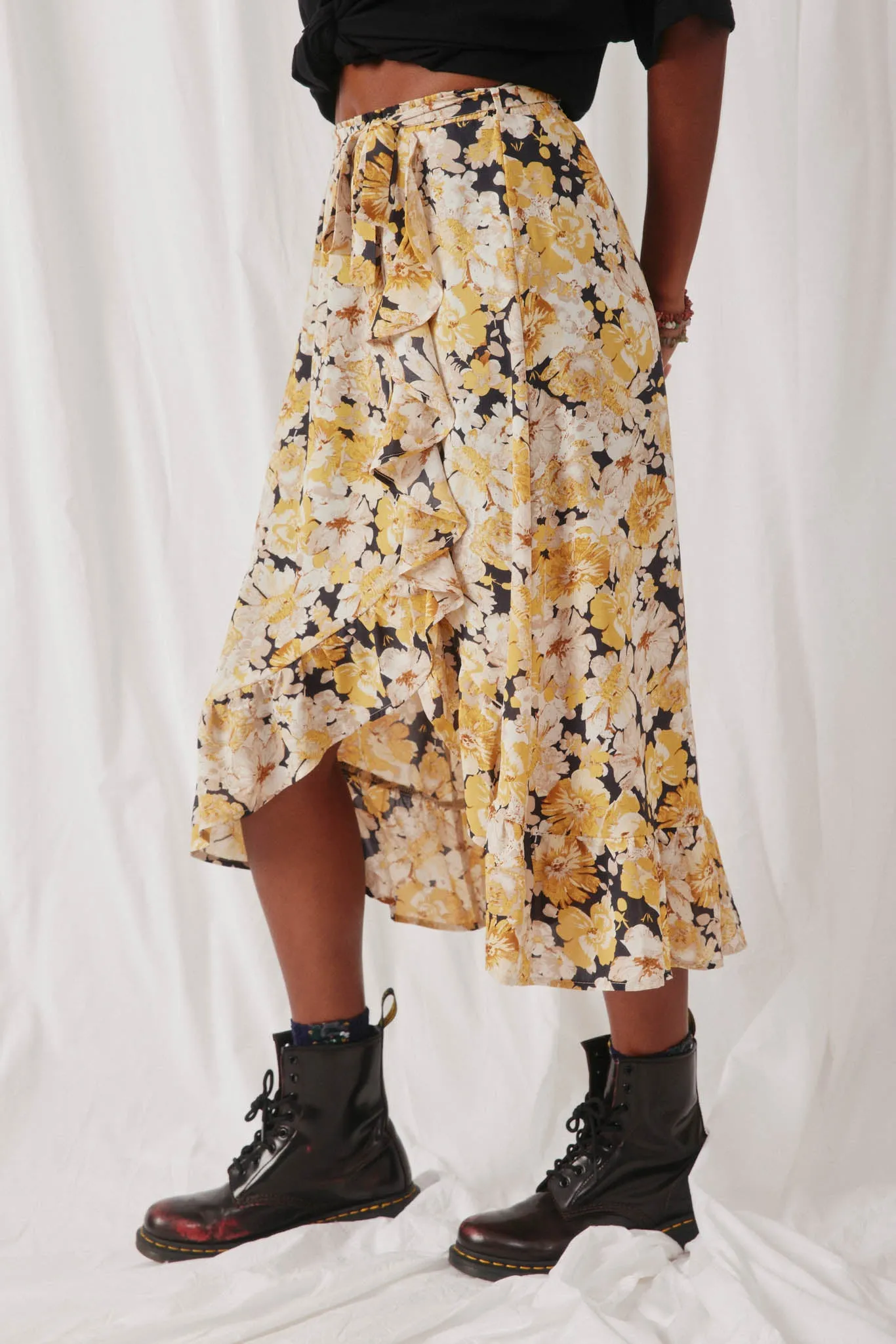 Romantic Floral Asymmetric Ruffle Belted Skirt