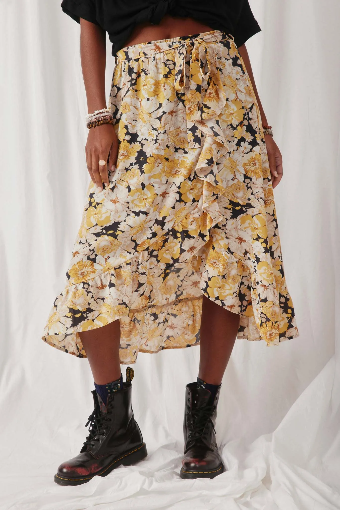 Romantic Floral Asymmetric Ruffle Belted Skirt