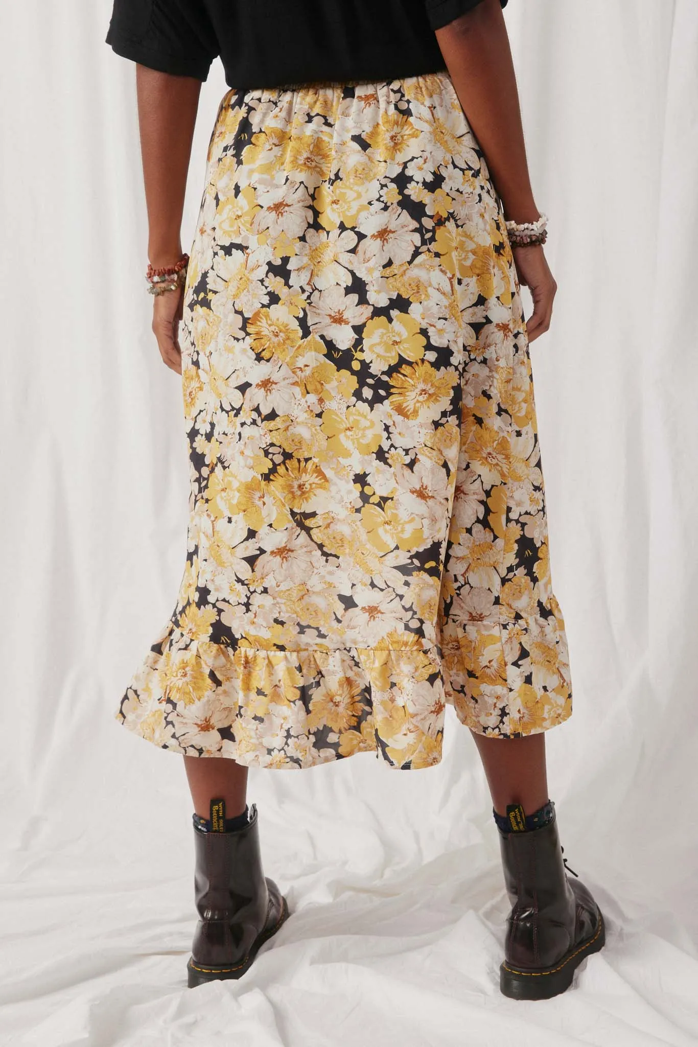 Romantic Floral Asymmetric Ruffle Belted Skirt