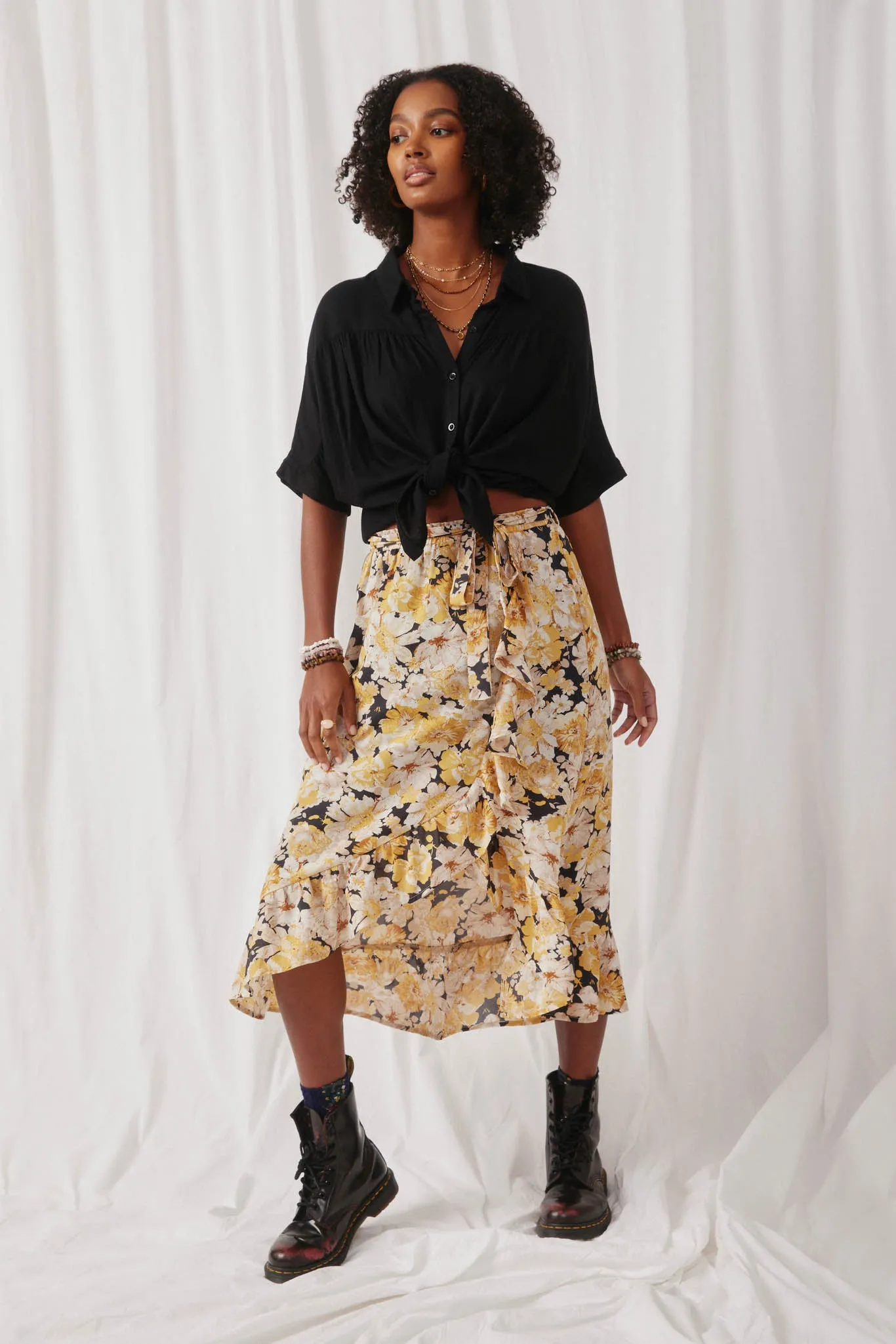 Romantic Floral Asymmetric Ruffle Belted Skirt