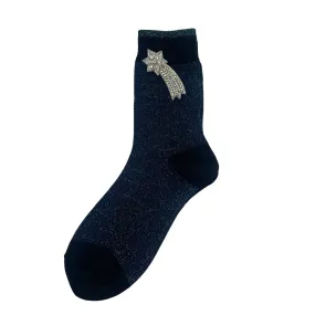 Tokyo socks in midnight with a shooting star brooch