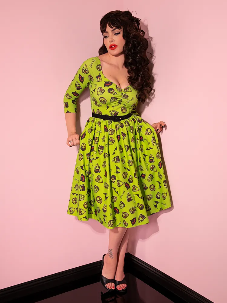 Wicked Swing Dress in Vintage Monster Mash Print  - Vixen by Micheline Pitt