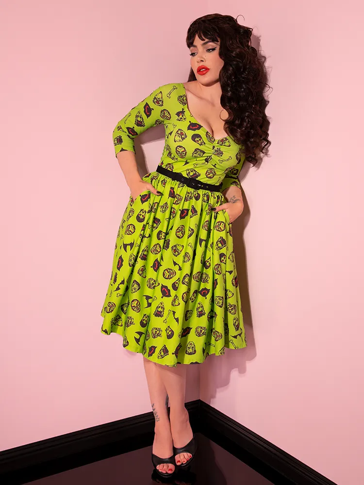 Wicked Swing Dress in Vintage Monster Mash Print  - Vixen by Micheline Pitt