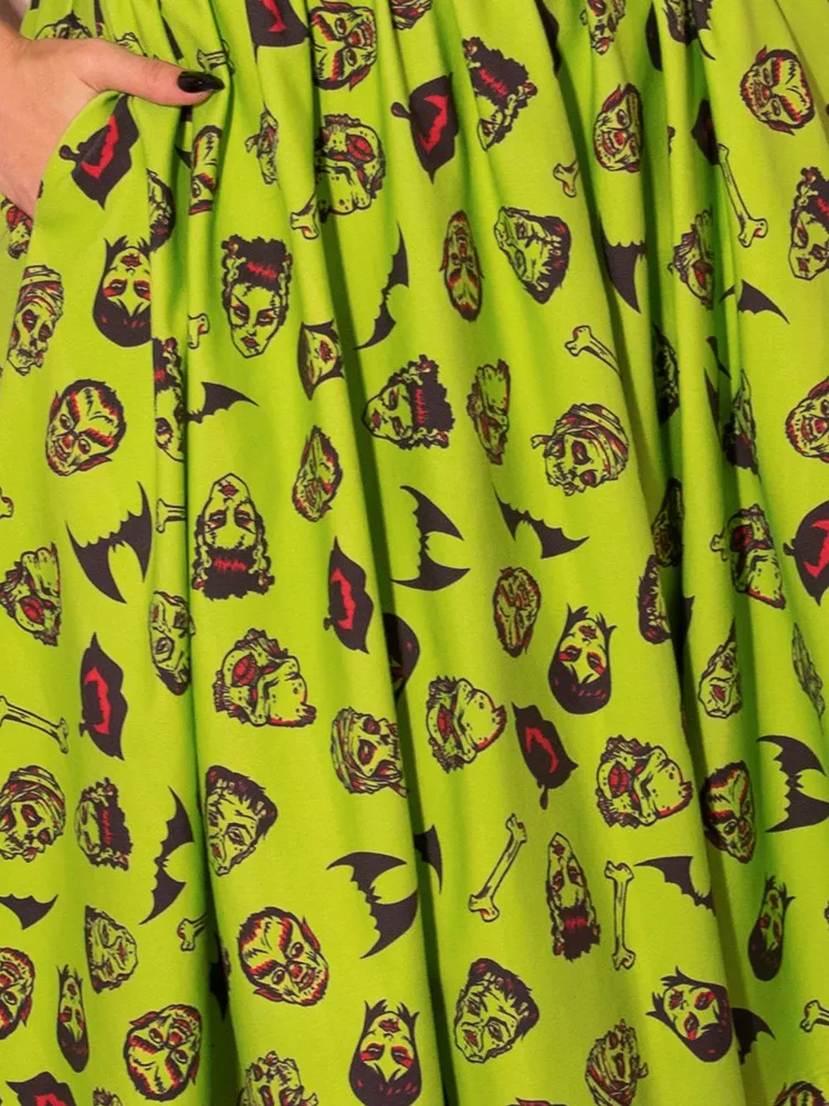 Wicked Swing Dress in Vintage Monster Mash Print  - Vixen by Micheline Pitt