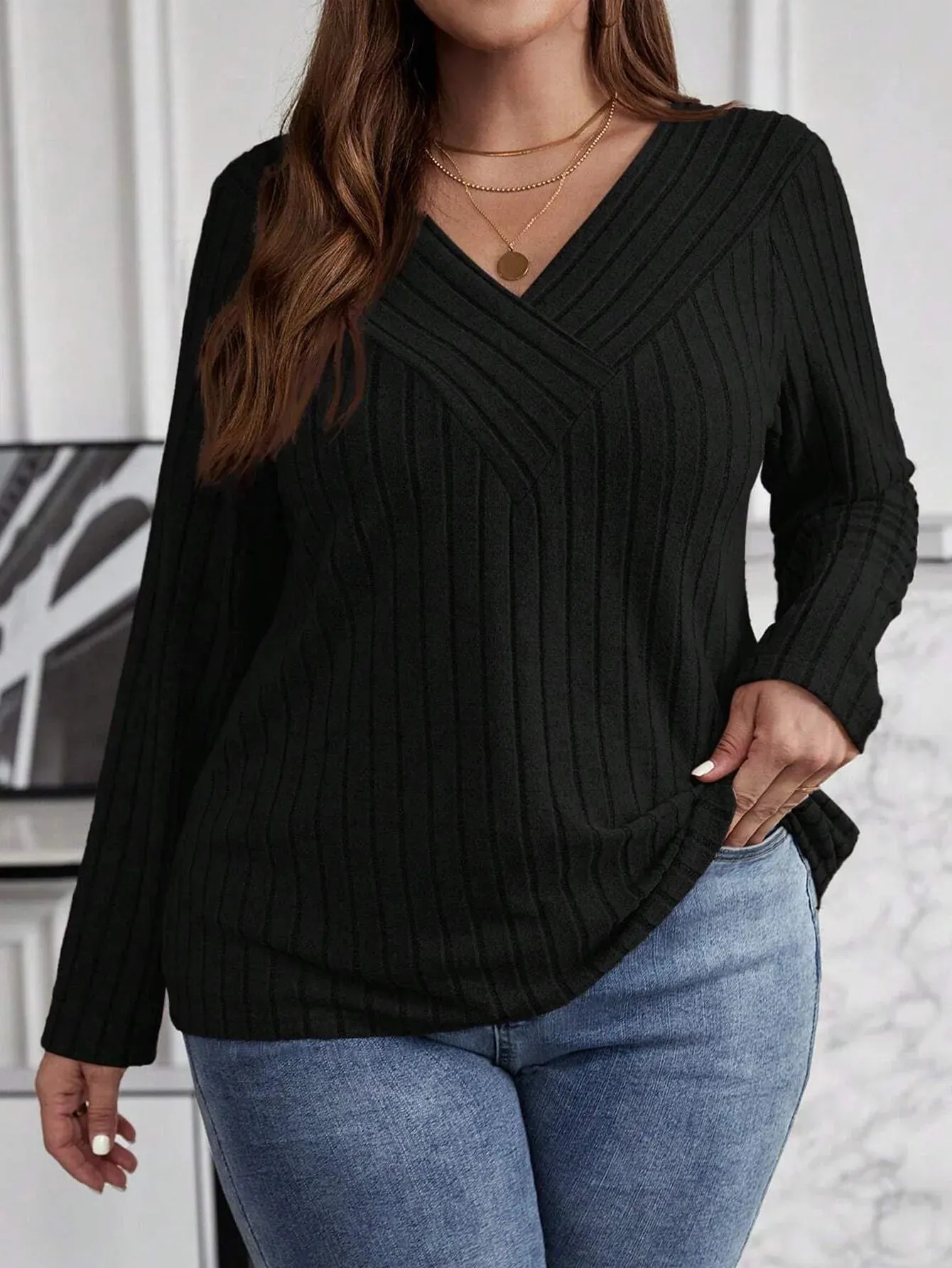 Women's Fashion Solid Color Plus Size 1XL-5XL Sweater Pullover Tops Women's Cross V-neck Long Sleeved Pullover Sweater