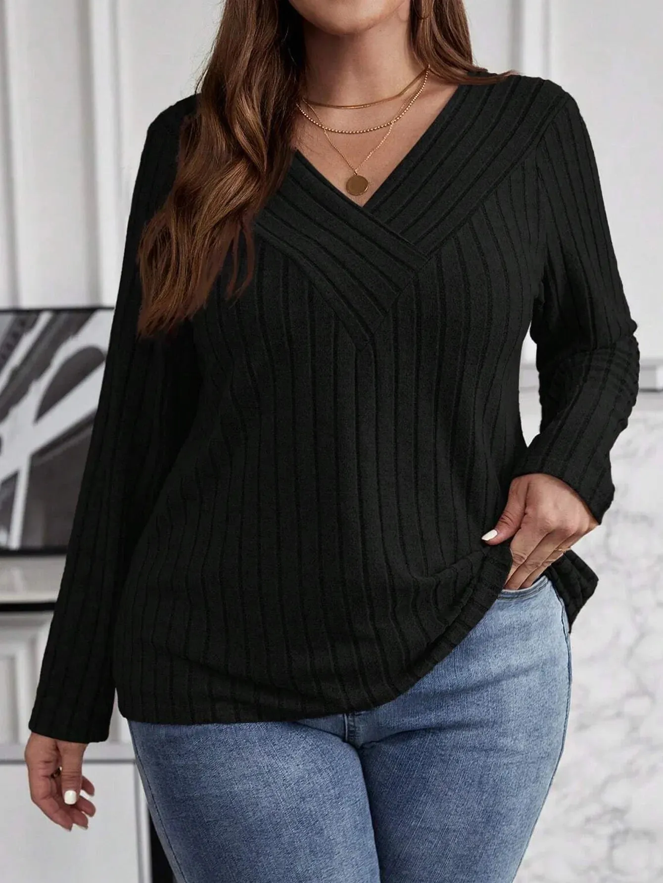 Women's Fashion Solid Color Plus Size 1XL-5XL Sweater Pullover Tops Women's Cross V-neck Long Sleeved Pullover Sweater