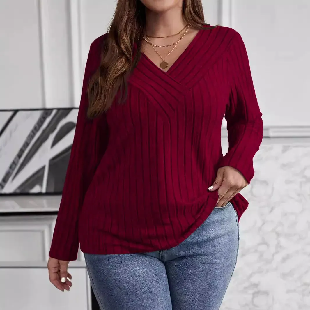 Women's Fashion Solid Color Plus Size 1XL-5XL Sweater Pullover Tops Women's Cross V-neck Long Sleeved Pullover Sweater