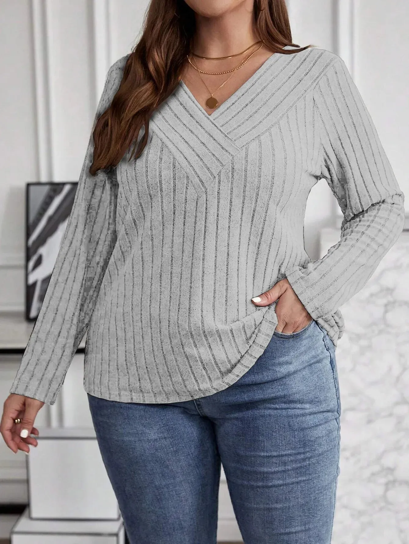 Women's Fashion Solid Color Plus Size 1XL-5XL Sweater Pullover Tops Women's Cross V-neck Long Sleeved Pullover Sweater