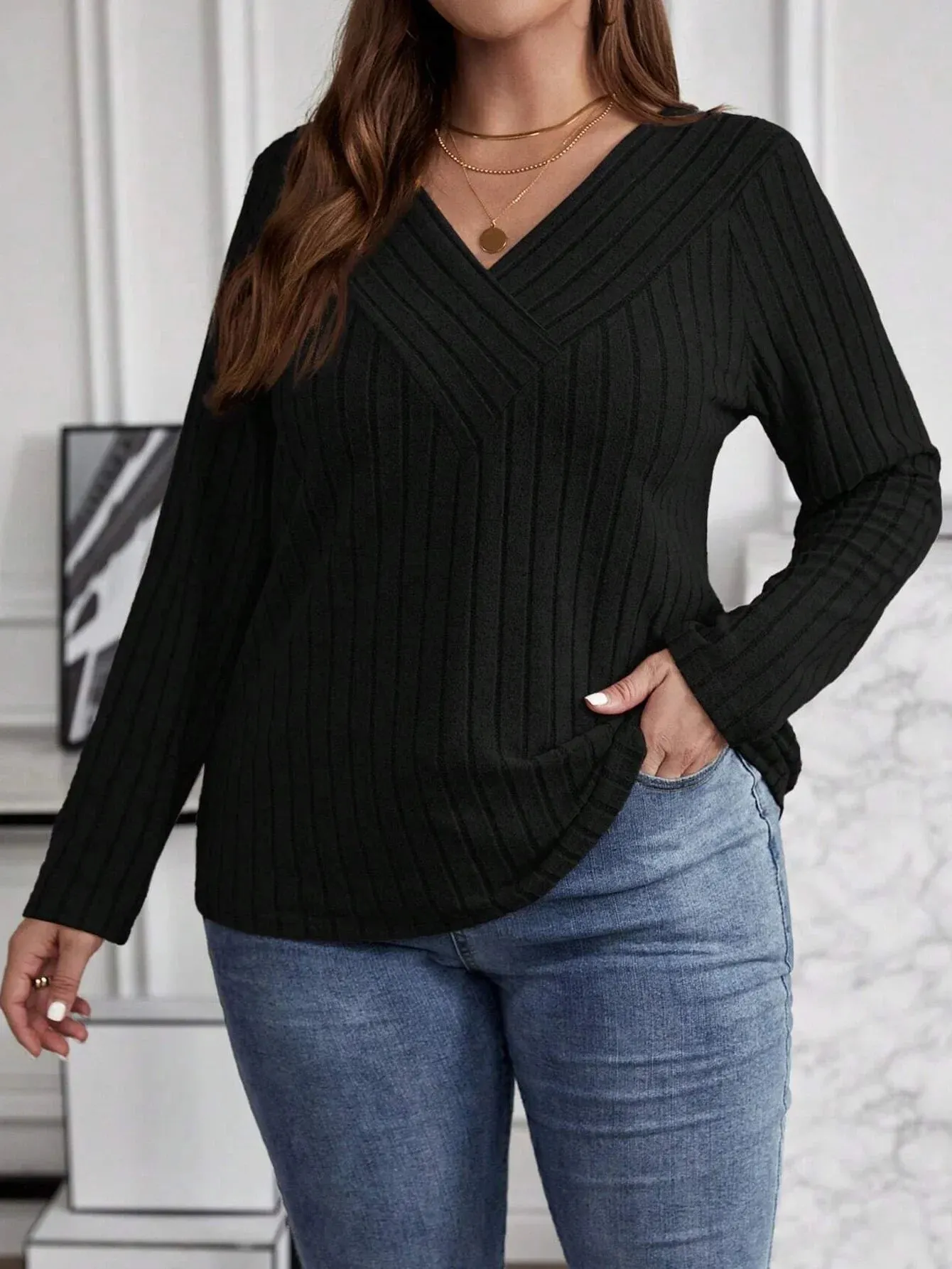 Women's Fashion Solid Color Plus Size 1XL-5XL Sweater Pullover Tops Women's Cross V-neck Long Sleeved Pullover Sweater
