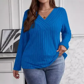 Women's Fashion Solid Color Plus Size 1XL-5XL Sweater Pullover Tops Women's Cross V-neck Long Sleeved Pullover Sweater