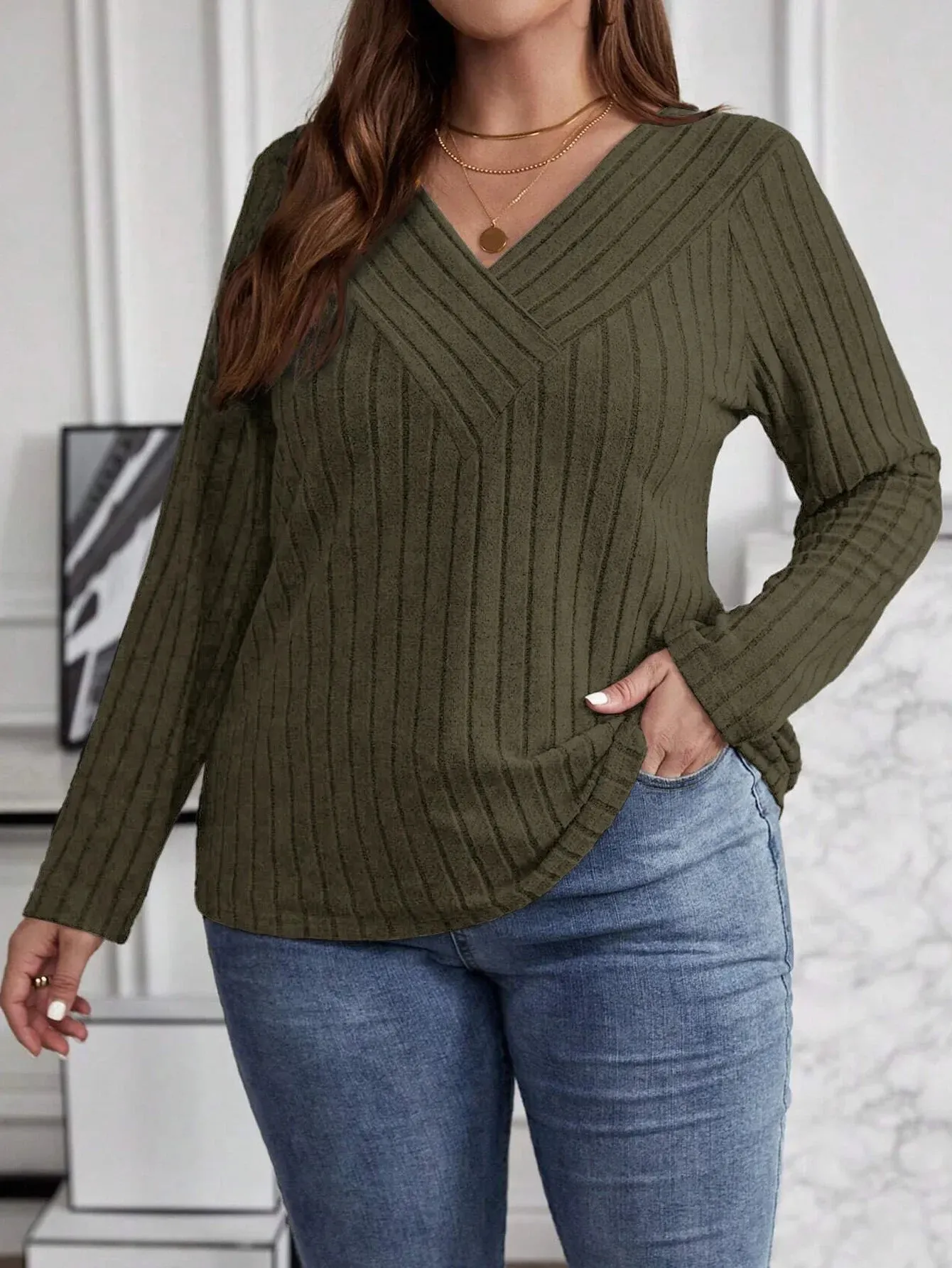 Women's Fashion Solid Color Plus Size 1XL-5XL Sweater Pullover Tops Women's Cross V-neck Long Sleeved Pullover Sweater