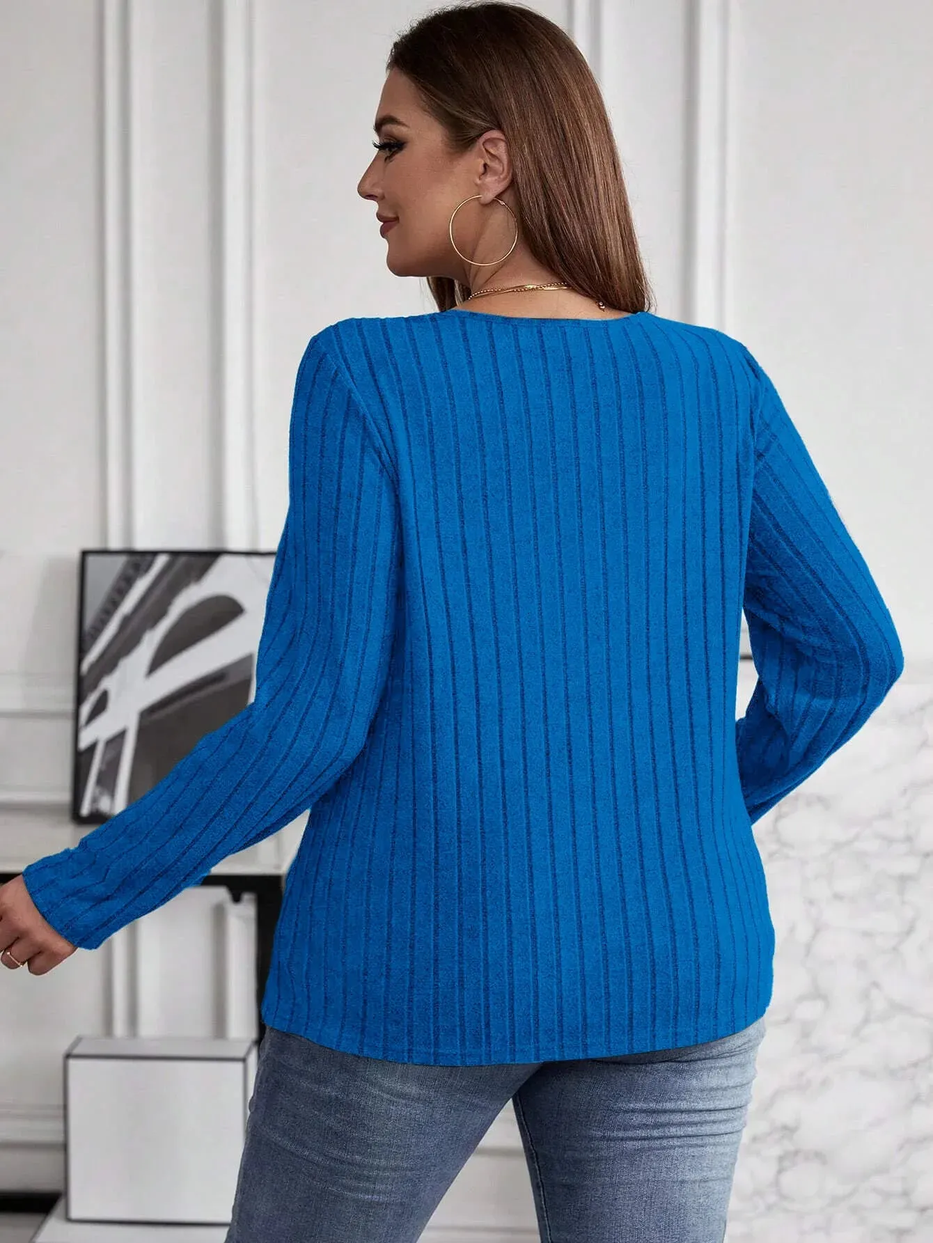 Women's Fashion Solid Color Plus Size 1XL-5XL Sweater Pullover Tops Women's Cross V-neck Long Sleeved Pullover Sweater
