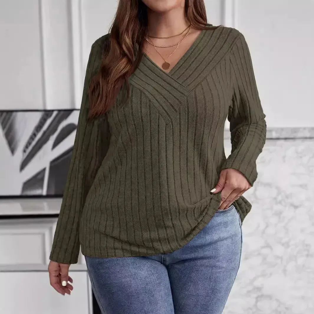 Women's Fashion Solid Color Plus Size 1XL-5XL Sweater Pullover Tops Women's Cross V-neck Long Sleeved Pullover Sweater