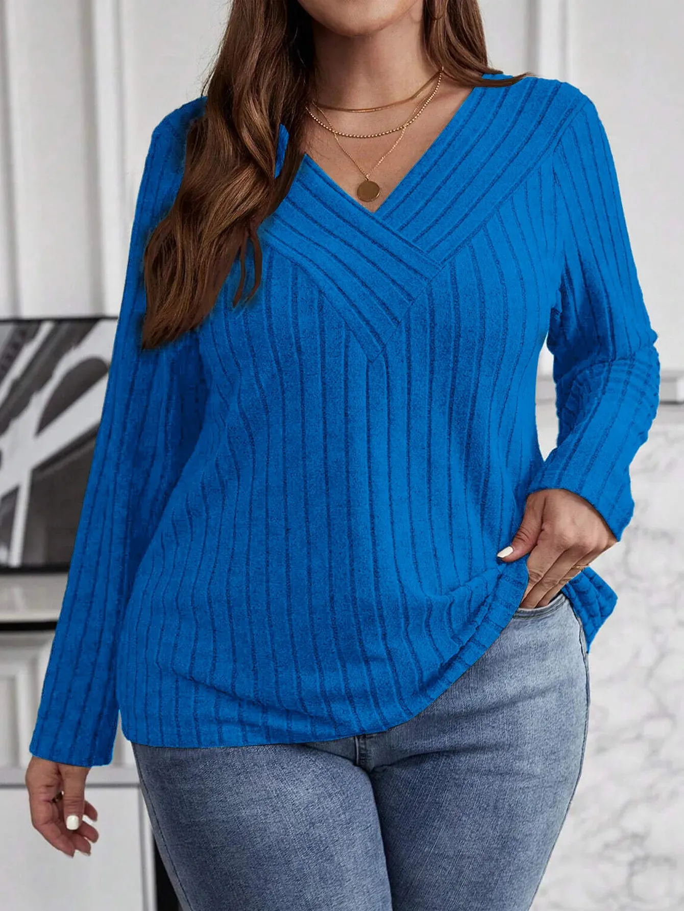 Women's Fashion Solid Color Plus Size 1XL-5XL Sweater Pullover Tops Women's Cross V-neck Long Sleeved Pullover Sweater