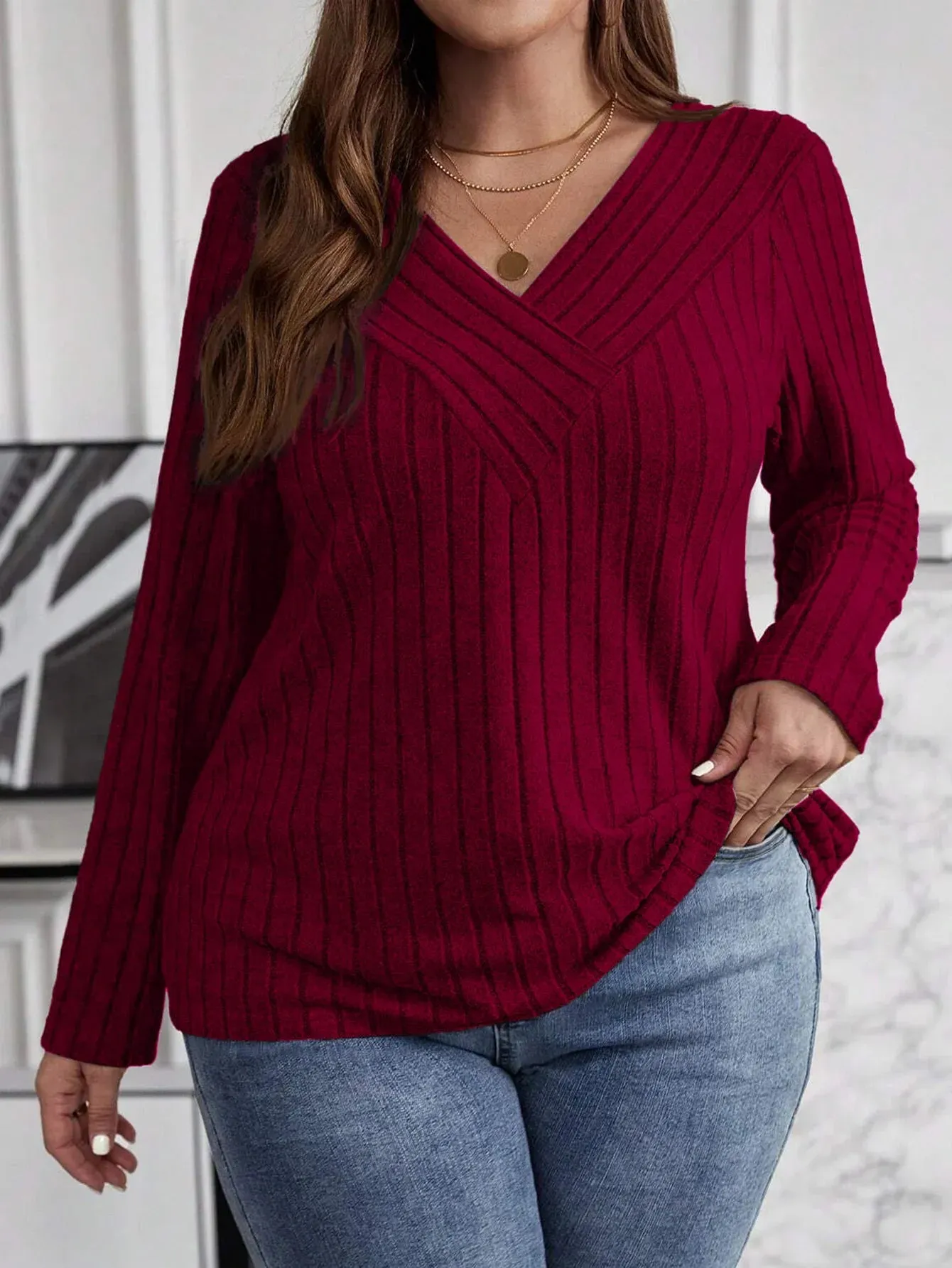Women's Fashion Solid Color Plus Size 1XL-5XL Sweater Pullover Tops Women's Cross V-neck Long Sleeved Pullover Sweater