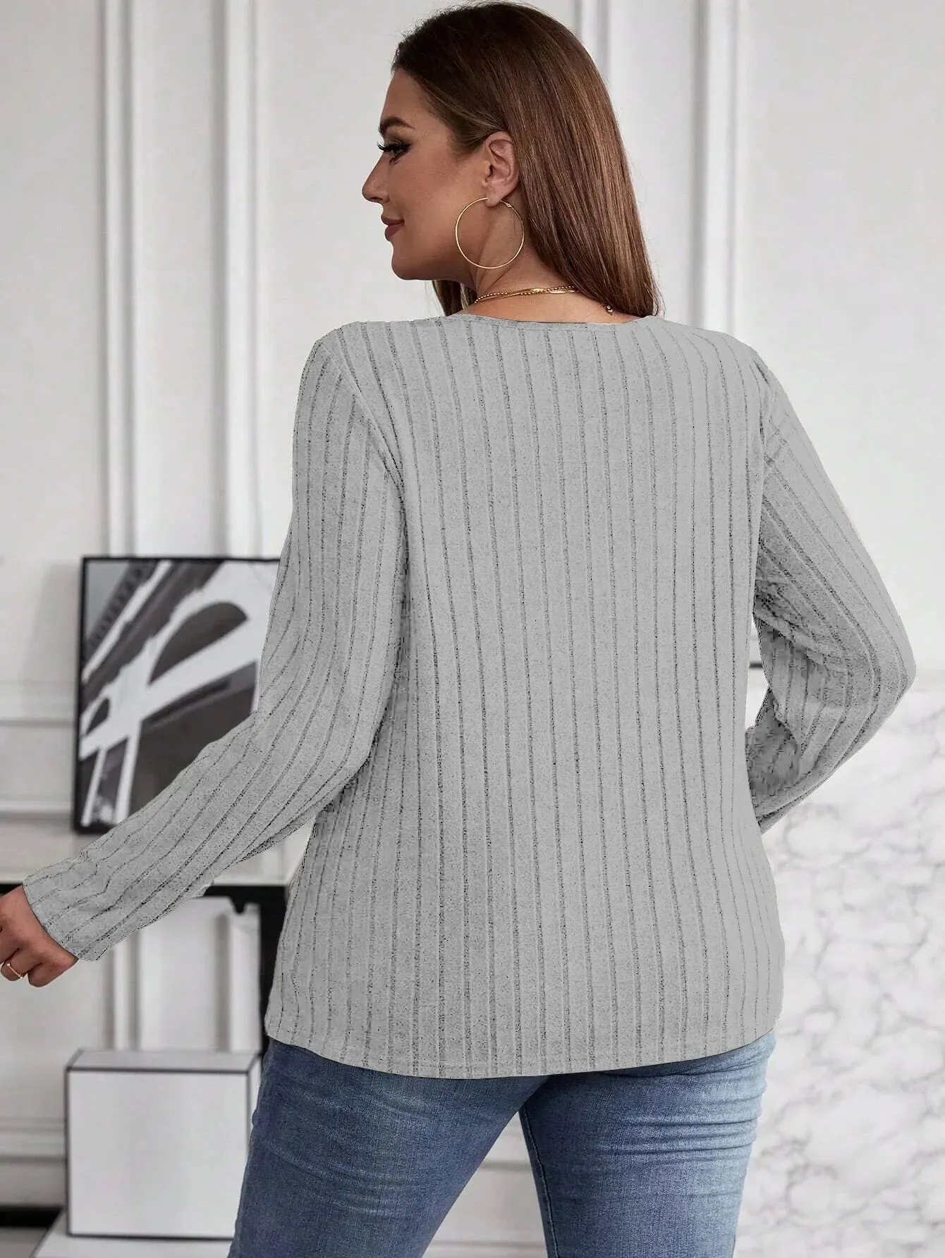 Women's Fashion Solid Color Plus Size 1XL-5XL Sweater Pullover Tops Women's Cross V-neck Long Sleeved Pullover Sweater