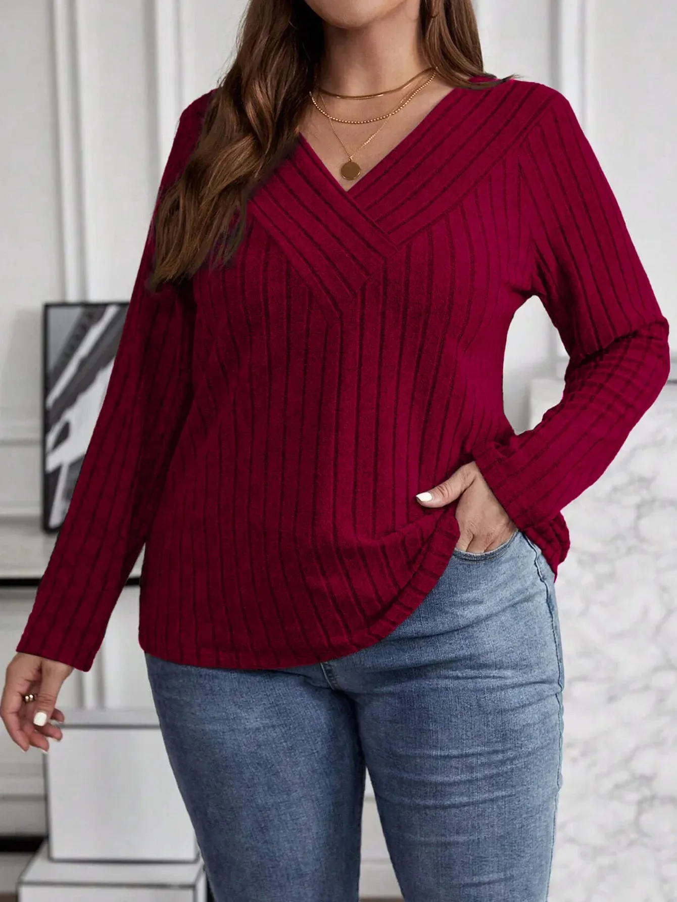 Women's Fashion Solid Color Plus Size 1XL-5XL Sweater Pullover Tops Women's Cross V-neck Long Sleeved Pullover Sweater